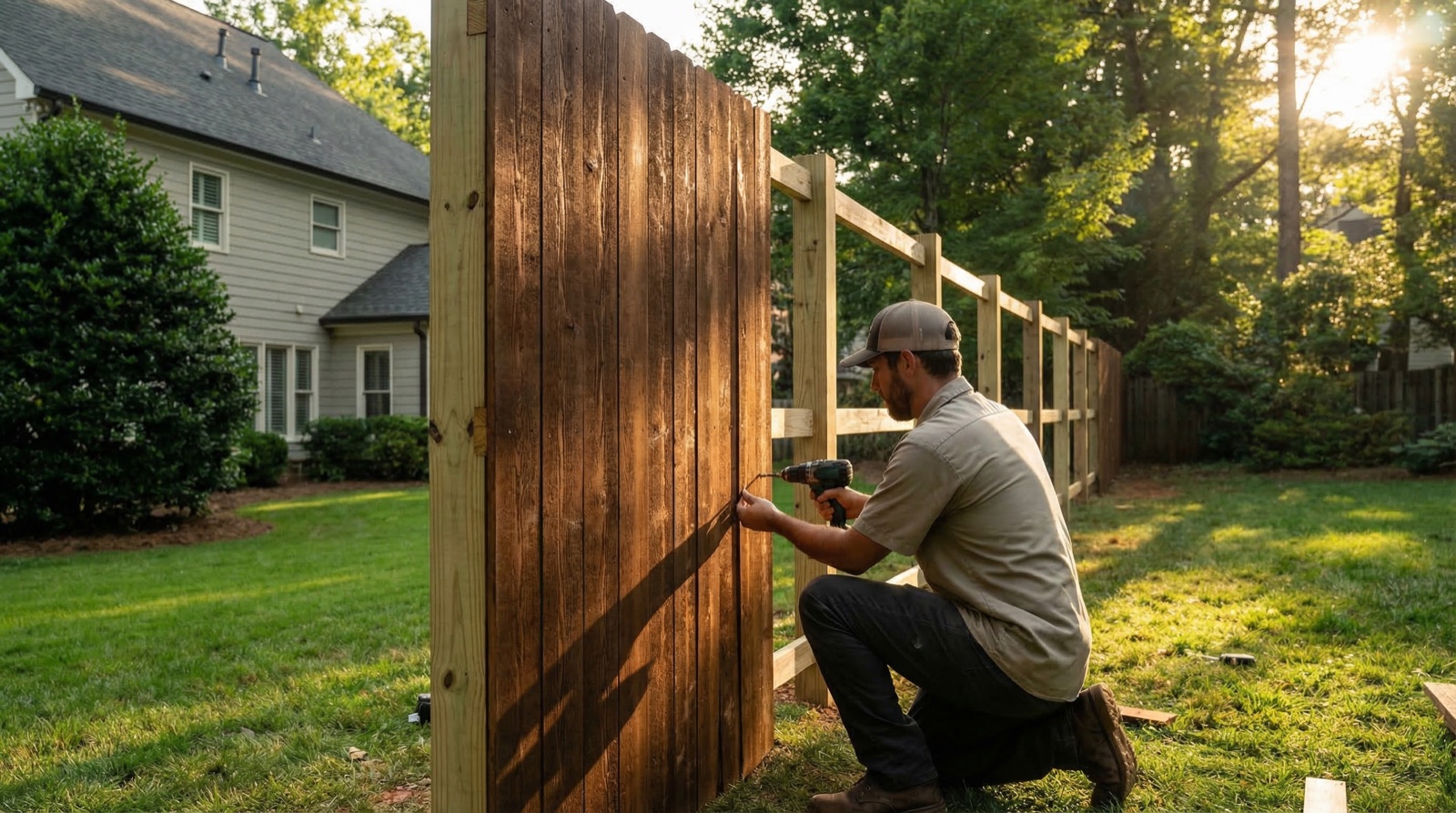 Thompson's Fence Company Atlanta installing a wood privacy fence in a suburban Atlanta backyard